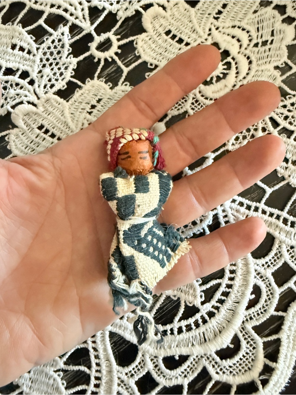 Handmade Mini Worry Doll with Blue and Cream Textile vintage